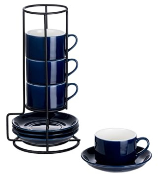 Meichu 2.5oz Espresso Cups Set of 4, Porcelain Stackable Espresso Cups with Saucers and Metal Stand Set, Blue Expresso Shots Cup Set for Cappuccino, Coffee Drinks, Latte, Tea