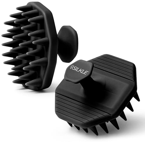 SILKLE Scalp Massager Shampoo Brush – Silicone Scalp Scrubber for Hair Growth & Dandruff Removal, One-Piece, Non-Slip Handle, Soft Bristles, Wet/Dry Shower Scalp Exfoliator for All Hair Types – Black