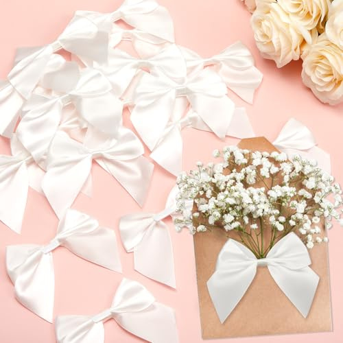 Sinmoe 20 Stück Satinschleifen selbstklebend Weiß 10,5 cm | 20 Satinschleifen, selbstklebend, 10,5 cm, für Geschenkverpackung, Hochzeit, Geburtstag, Karten