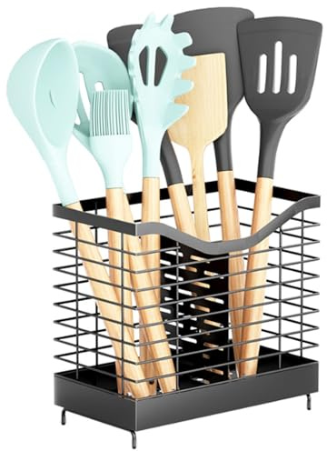 buysigo Utensilienhalter für Küchentheke，Küchenarbeitsplatte Utensil Organizer，große schwarze Edelstahl Utensil Schale，2 Fächer Küchenutensilien Caddy，Schwarz