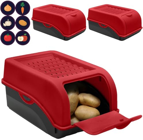 ARTECSIS® 3 x Kartoffel Aufbewahrungsbox mit Deckel für 2,5 kg Kartoffeln (rot) - Vorratsbehälter & Vorratsdosen Gemüse & Lebensmittel - Kartoffelbox, Zwiebelbox, Gemüsebox (inkl. 6 Aufkleber)