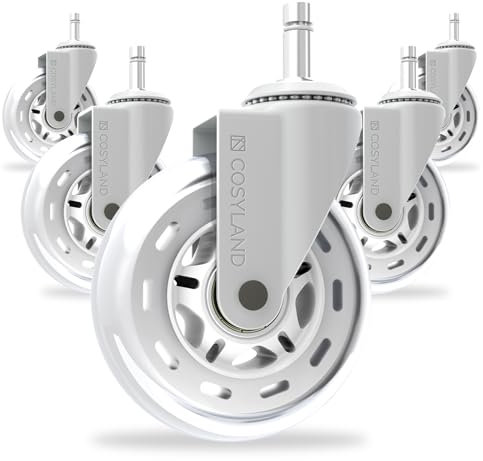 COSYLAND Set 5 Ruote Sedia Ufficio 11x22mm – Ruote per Sedia Ufficio Ultra Silenziose 360° con Doppio Cuscinetto, Portata 300KG – Rotelle Sedia Ufficio per Parquet e Pavimenti Duri (Bianco)