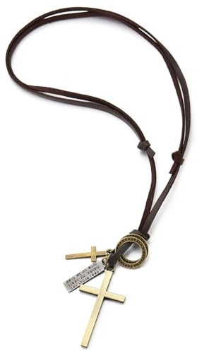 COOLSTEELANDBEYOND Vintage Zwilling Kreuz Anhänger Halskette für Herren Damen mit Verstellbaren Lederband, Religiös Schmuck