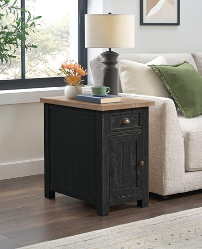 Martin Svensson Home Monterey Chairside Table - Rustic Farmhouse Style - Black with Driftwood Top - Bedroom or Living Room Table with Charging Station and Storage, Solid Wood