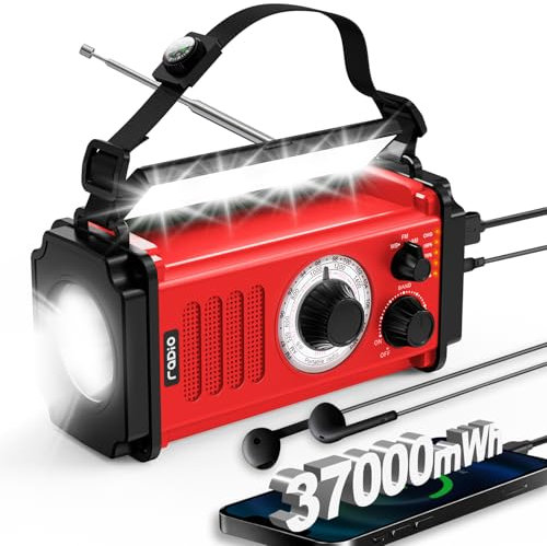 Radio di emergenza a manovella da 37000 mWh, radio portatile a energia solare AM/FM/NOAA con batteria ricaricabile, caricatore USB, allarme SOS, torcia/lampada da lettura per sopravvivenza all'aperto