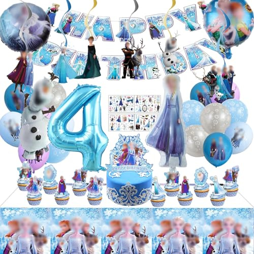 Geburtstagsdeko, 45 Stück geburtstagsparty deko Set, Geburtstagsparty deko 4 jahre, Cake Topper, Tattoo Kinder, Ballon, Tischdecke, Swirl Decoration, Geburtstag Banner Kit