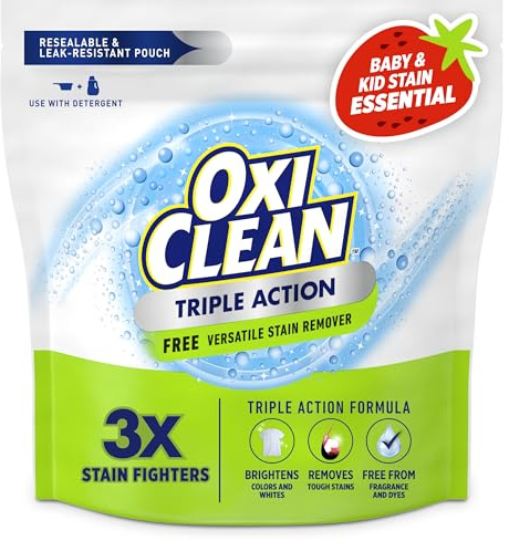 OxiClean Triple Action Free Versatile Stain Remover Powder, Use with Detergent, No Fragrance, No Dyes, No Chlorine, Removes Stains, Brightens Colors and Whites, 4 lbs