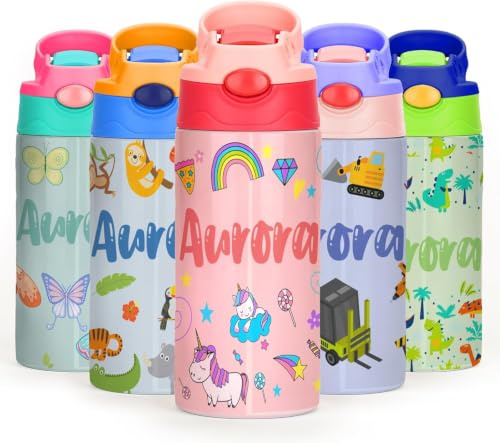 Smile lab Gourde Isotherme Personnalisable pour Enfant Bouteille Isotherme Personnalisée Prenom Sans BPA Tritan Gourde Isotherme Enfant avec Paille pour L’école Primaire etMaternelle 350ml