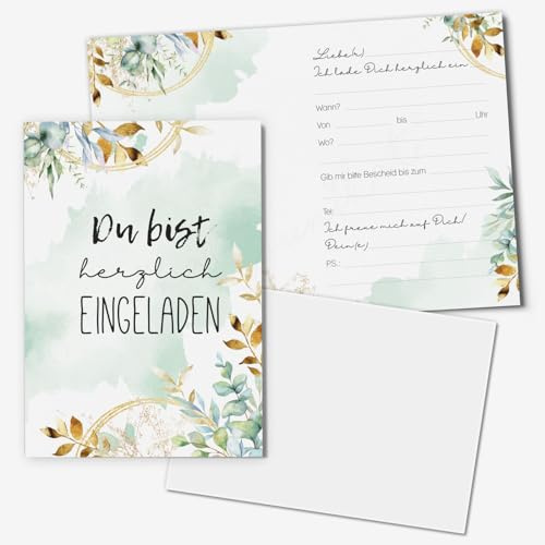 younikat 15 Stück Einladungskarten Eukalyptus DIN A6 Umschläge - you0134 | Karten aus stabilem 350 g/m² Offsetkarton, Geburtstag Feste Hochzeit Konfirmation Kommunion, Kein Verschmieren, DIN A6