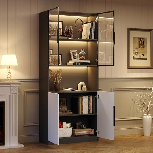 ECLIVON Vitrina de Cristal Armario de Vitrina con Iluminación LED 200 cm, Estantería Aparador con Estantes Ajustables y Puertas para Salon, Mueble Auxiliar Expositora para Comedor Dormitorio, Blanco