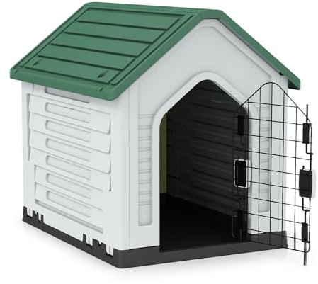GYMAX Niche pour Chien avec Porte Métallique Verrouillable, Toit Incliné Anti-Accumulation d'eau, Bonne Ventilation, Abri en Plastique pour Animaux Convient pour Intérieur et Extérieur (Vert)
