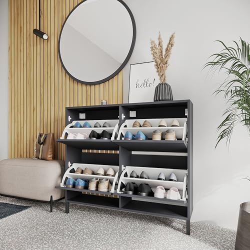 KOMTO Schuhschrank Schmal - Schuhregal Geschlossen mit 4 Klappen | Schuhkipper Anthrazit Trek 108 x 25 x 96 cm (BxTxH)