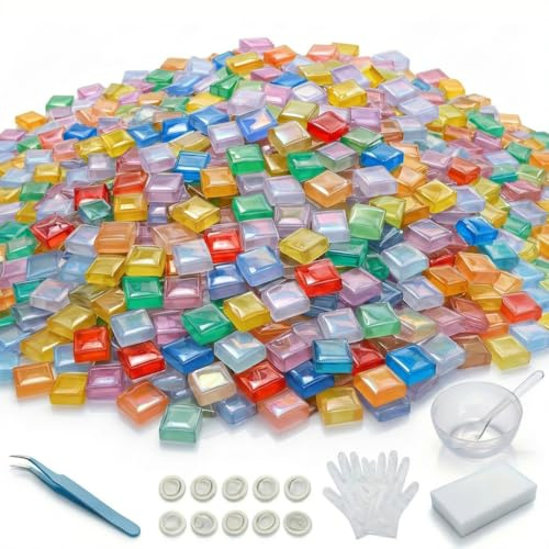 1kg Mosaiksteine aus Glas ca.1200 Stück – Glasmosaiksteine zum Basteln Set mit Pinzette, Handschuhen, Mischschale, Löffel & Schwamm für DIY Basteln, Heimdekoration & Kunstprojekte（Glasperlentraum）