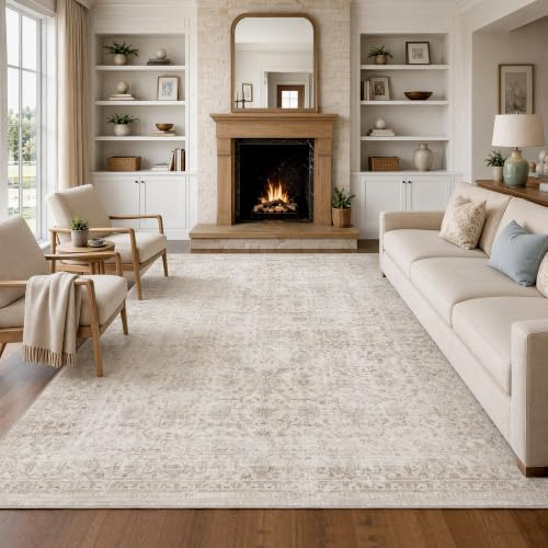 Beauoop Washable Area Rug Beige Vintage Neutral Distressed 200x300 cm Large Non Slip Carpet for Living Room Bedroom Soft Low Pile Indoor Mat Retro Throw Rug for Dining Room Kitchen Office Nursery