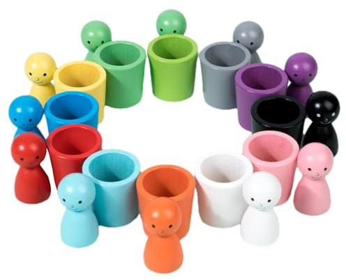 Steckpuppen in Bechern – Mmontessori Sinnesspielzeug aus Holz mit Farbsortierung und Stapelbechern | Regenbogen farblich passende Sortierklammer-Puppen, Spielzeug für Kinder, die Farben lernen