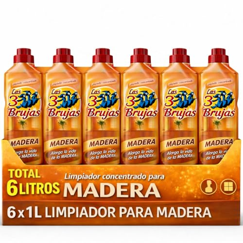 Limpiador concentrado para madera, Friegasuelos para el parquet, Protege la madera tratada de muebles, tarimas o suelos laminados, Alarga la vida del suelo y mueble, 6 Botellas de 1 Litro