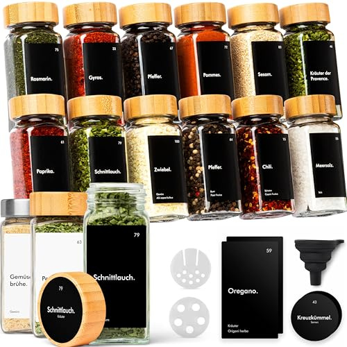 KIVY Kryddburkar med ströinsats – 12 x 120 ml + 120 etiketter – lufttät
