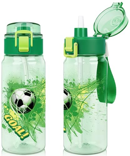 wooshwa Tritan vattenflaska för barn, 550 ml läckagesäker 2-i-1 vattenflaska för småbarn med ett popup-avtagbart sugrör, diskmaskinssäker (fotboll)