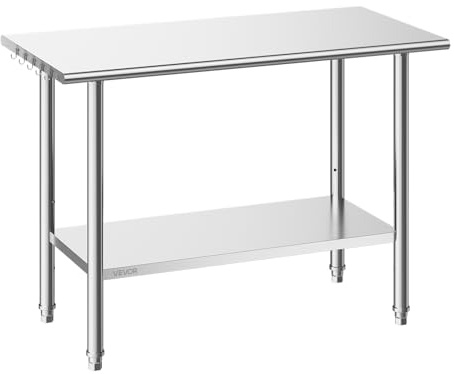 VEVOR Tavolo da Lavoro per Ristorazioni Cucina Acciaio Inox, Tavolo per Preparazione 1220 x 610 x 864 mm Acciaio Inox Piano Lavoro Carico 245 kg, Ripiano Portaoggetti Ristorante, Hotel, Supermercato