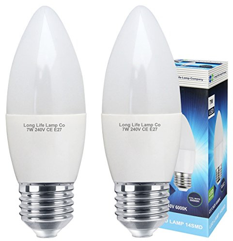 2 x 7w LED Candle Light Bulb E27 Cool White 6000k | Frosted Cover