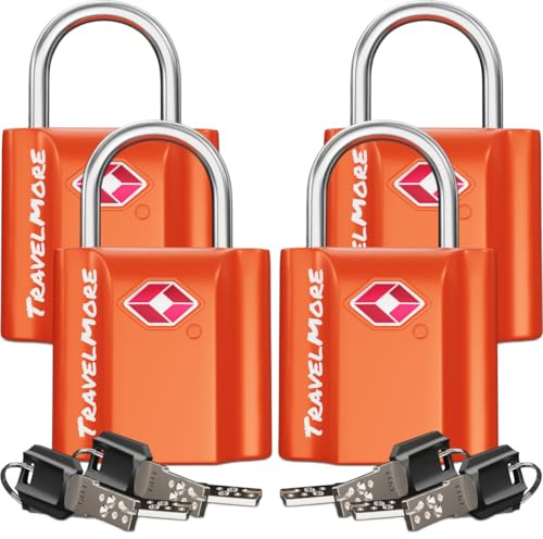 TSA-Schlösser mit Schlüssel | TSA-Kofferschloss mit Schlüssel | Gepäckschlösser für Flugreisen | Schlösser für Koffer, Rucksäcke, Gepäck, Schließfächer | 4er-Pack, Orange