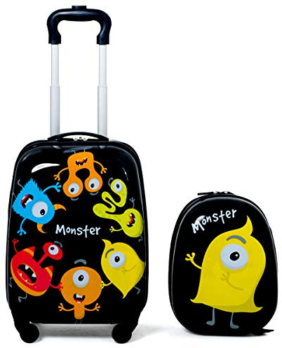 COSTWAY 2Pcs Kids Luggage, Carry On Luggage Set med 12 ryggsäck och 18 resväska, Rolling Trolley Suitcase, Cute Cartoon Pattern resväskor för flickor