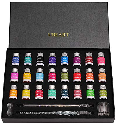 UBEART Set med dopppennor i glas, 28 delar kalligrafi innehåller 24 färger bläck rengöringskopp pennhållare 2 kristallglaspennor, kalligrafi kit idéer för födelsedag examen gåvor nybörjare