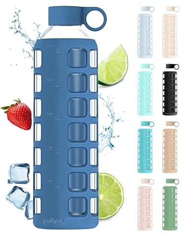purifyou Premium Glass Water Bottle with Non-Slip Silicone Sleeve & Stainless Steel Lid Insert, 12/22 / 32 oz (Chinese Porcelain, 32 oz)
