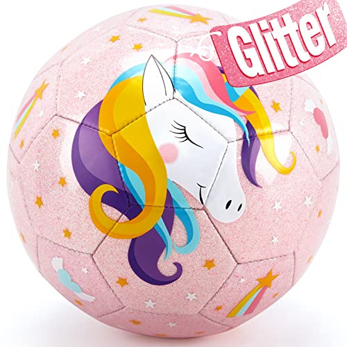hahaland Size 3 Soccer Ball for Kids with Pump & Mesh Bag - Glitter Unicorns Soccer Ball Gifts for Girls 3 Year Old -Sports & Outdoor Play Toys for Baby Girls Boys Ages 3 4 5 6 7 8