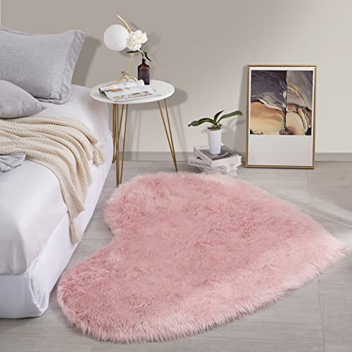 HOMBYS Fluffy 4x6 Faux Fur Heart Shaped Area Rug for Living Room Bedroom, Soft Large Pink Faux Sheepskin Play Carpet for Kids Girls and Pets, Plush Furry Decor Shaggy Feet Mat for Bedside