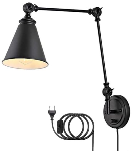 Verstellbarer langer Arm Wandleuchte mit Schalter Dimmbar Wandlampe Schwarz Schwenkbarer Arm Leselampe mit Stecker und Kabel Vintage Industrial Lampe E27 Wandbeleuchtung für Wohnzimmer Schlafzimmer
