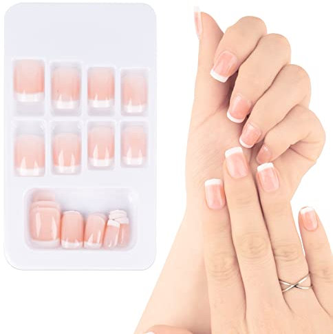 COLOFALLA 24 Stk Nägel zum Aufkleben Kurz French Künstliche Nägel Fake Nails Press On Falsche Nägel Hellrosa Nagelkunst Fingernägel für Frau Damen (French-Weiß)