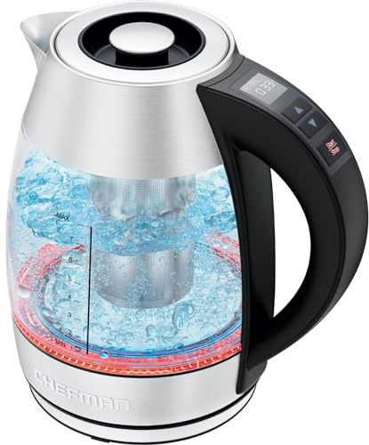 Chefman Elektrischer Wasserkocher Glas mit Digitaler Temperatursteuerung und 7 Voreinstellungen, 1.8L, Teesieb, Abnehmbarer Deckel, Abschaltautomatik, BPA-Frei, 2200 Watt, Edelstahl