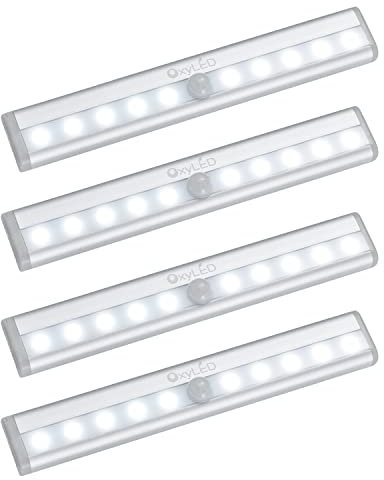 OxyLED Luz Led con Sensor de Movimiento, Luz Armario Sensor Movimiento 4 Unidades 6000K con Tira Magnética Adhesiva Auto On Off Luces Homelife Led para Escaleras Armario Pasillo Cocina Garaje