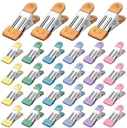 Tinfol Clothes Pins, 28 Pack Clothes Pins for Hanging Clothes, Colored Chip Clips, Hanger Clip Heavy Duty Outdoor, Stainless Steel Mini Clothespins for Food, Socks, Towel, Bag, Photo (Mixed 7 Colors)