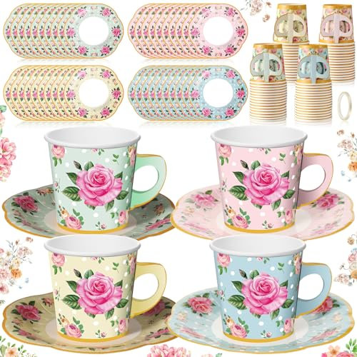 Umigy 60 Sets Spring Tea Party Decorations 6.5 oz Floral Paper Teacups & Saucer Set for Girls Women Afternoon Tea Parties Mothers Day Bridal Shower Wedding Birthday Party Decorations(Multicolor)