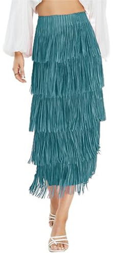 Kisidoo Gonna corta aderente da donna, a vita alta, con frange, sexy, elegante, con frange, lunga, per feste estive, lavoro, Blu pavone, XL