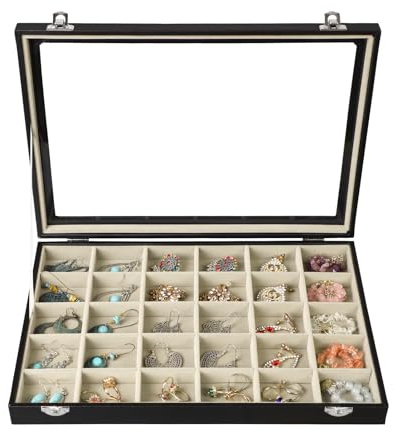 Stratalife Earring Organizer Jewelry Holder Organizer Drawer Earring Storage Jewelry Tray with Clear Lid Ring Box for Women Girls Anti Tarnish 30 Grid (Beige Black)