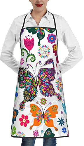 VVIEER Rainbow Ocean bedruckte Latzschürze, Unisex, Kochschürze mit Tasche für Zuhause, Küche, Backen, Gartenarbeit, Grillen, Bunte Schmetterlinge und Blumen, One size