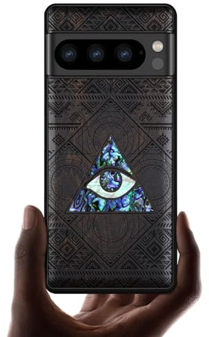 Carveit Designer Wooden Case for Google Pixel 8 Pro Case Cover [Wood Engraving & Shell Inlay] Compatible with Wireless Chargers Pixel 8 Pro Case (All-Seeing Eye-Blackwood)
