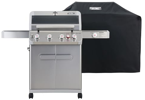 Monument Grills Outdoor Barbecue Stainless Steel 4 Burner Propane Gas Grill, 62,000 BTU Patio Garden Barbecue Grill with Side Burner, Infrared Technology and Knob Controls, Mesa415BZ with BBQ Cover