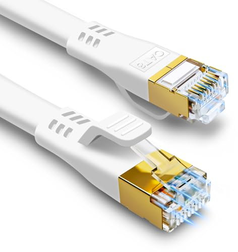 HUGIN Cable de Ethernet Cat 8, 45 m, alta velocidad, 40 Gbps, 2000 MHz, plano, Gigabit LAN S/FTP RJ45 POE, cable de conexión para gaming, PC, PS5, PS4, conmutador, módem, TV, (blanco, 45 m)