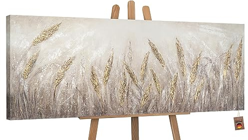 YS-Art Abstrakt Acryl Gemälde auf Leinwand Dämmerung handgemalt Wandbilder Wohnzimmer modern Wohndekor Design Bild braun Gold horizontal echte Kunst 150x50 cm