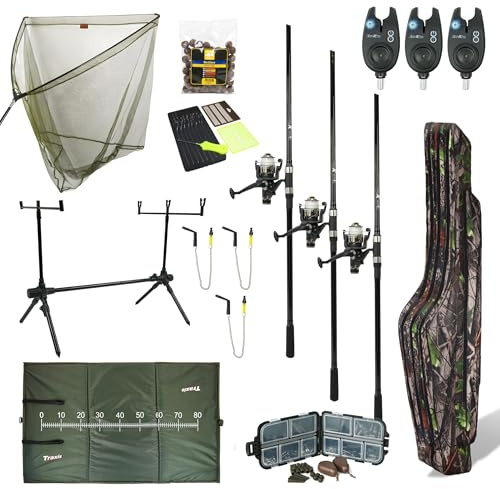 FISH-XPRO Juego de carpas Mega - 3 cañas, carretes, alarma de mordiscos, Swingers, Rodpod, Holdall y más! ¡Asequible y completo! Mega Carp Fishing Set - Carpa de pesca nunca ha sido tan fácil y