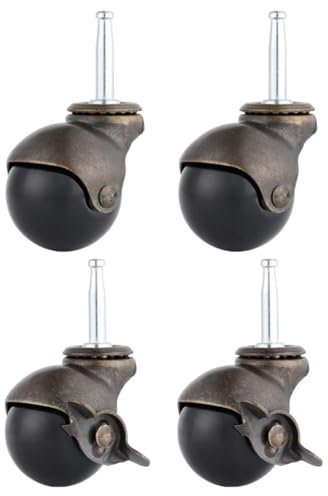 SZITW Schwenkbare Kugelrollen, Messing-Kugelrollen, antike Möbelrollen, für Sofa, Couchtisch, Schrank, Küchenwagen, 4 Stück, 2 Bremsen + 2 Universal, 1,5 Zoll