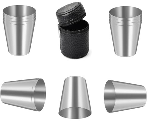 Dokeno 12 Pezzi Bicchieri da Shot in Acciaio Inossidabile, 30ml Metallo Bicchieri Grappa Portatili, Mini impilabili Bicchieri da Vino Campeggio Tazza con Custodia in Pelle per Picnic Campeggio Viaggi