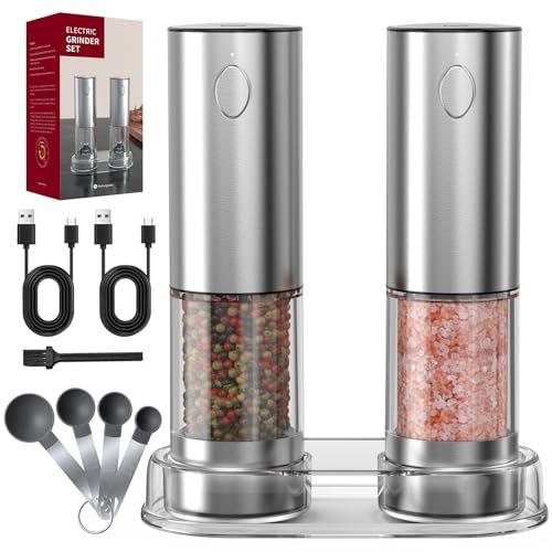 Oneyus Lot de 2 moulins à sel et à poivre électriques rechargeables par USB, avec cuillère doseuse, acier inoxydable, finesse réglable avec lumière LED et brosse avec socle