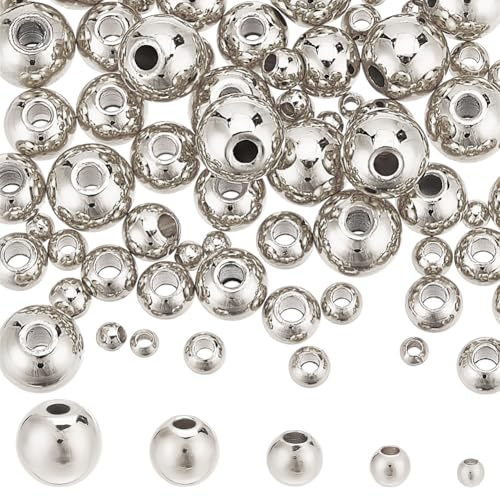 HOBBIESAY 75 pezzi, 5 stili, sfere argentate in ottone, piccole perle 2 perline distanziali in metallo liscio da 6 mm, perline distanziatrici rotonde argentate per la creazione di gioielli, foro: 0,8