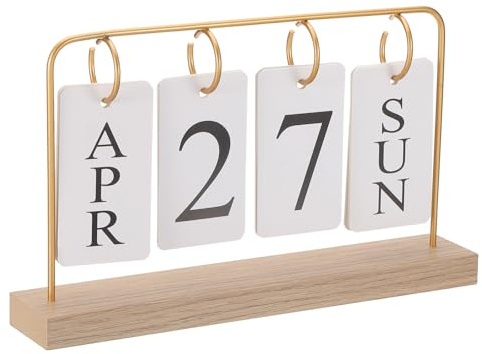 PATIKIL Vintage Holz Ewiger Kalender Holz Flip Kalender Umblättern Golden | Seite Monat Datum Anzeige, Für Schreibtisch Büro Zuhause Zimmer Dekoration, Holz