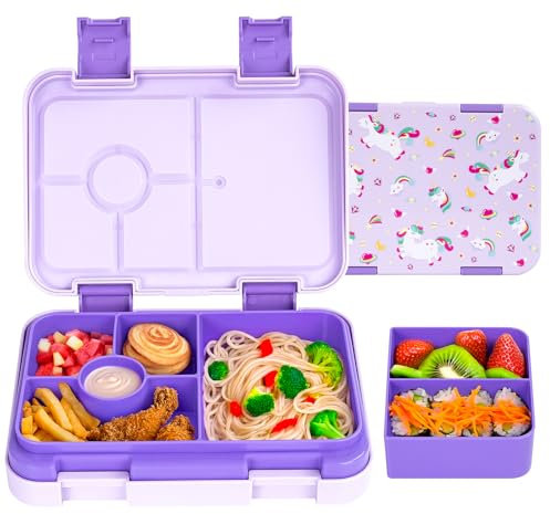 QCQHDU Bento Lunch Box for Kids,Children and Toddlers Packed Lunch Box with 6 Compartments, Microwave & Dishwasher & Freezer Safe,School,Work,Picnics with Sauce Vontainers,BPA-Free(Unicorn)